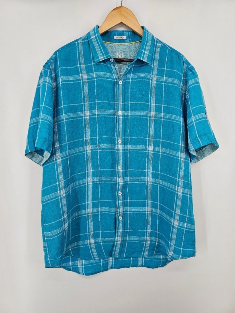 Bugatchi Uomo Men's XL Blue Plaid 100% Linen Short Sleeve Button Up Shirt